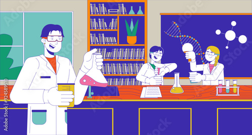 Teacher conducting chemical experiments with students cartoon flat illustration. Children learning chemistry with tutor 2D characters colorful background. School lesson scene vector storytelling image