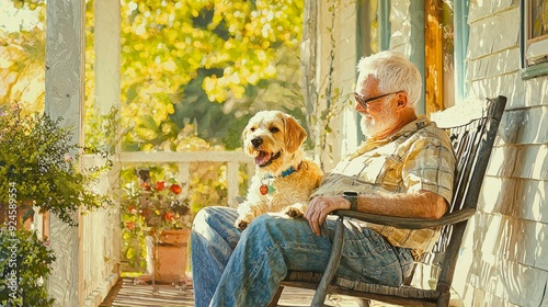 A serene moment on the porch, showcasing a senior man enjoying quality time with his dog in a warm, sunlit setting.