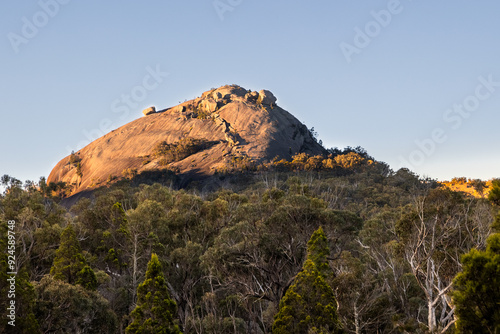 The pyramid, a well known rounded granite mountain in the late afternoon sunshine, sticking out of the eucalyptus forest at Girraween National Park in the granite belt in Queensland, Australia. photo