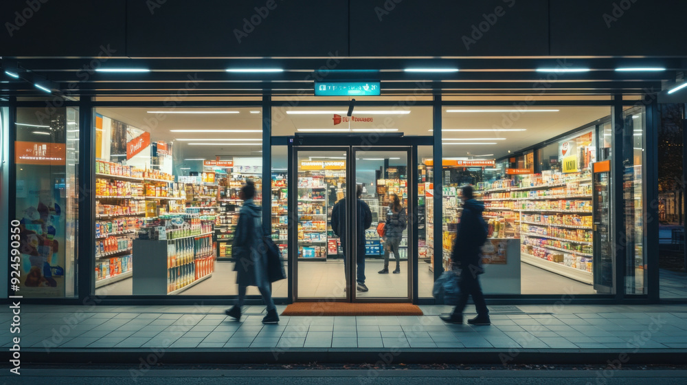 Fototapeta premium A convenience store during the morning rush, customers quickly picking up coffee and