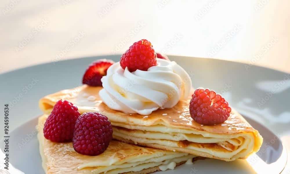 stack of delicious crêpes on a plate with raspberries and whipped cream on top, clear background stack of delicious crêpes on a plate with raspberries and whipped cream on top, clear background