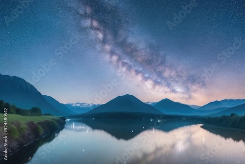 Mountain and lake with a Milky Way at night