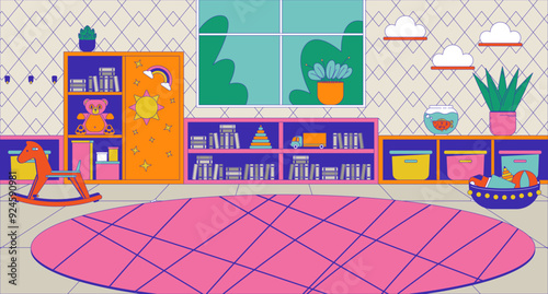 Empty playroom with carpet and toys for children cartoon flat illustration. Furnished kindergarten room 2D interior colorful background. Little kids care scene vector storytelling image