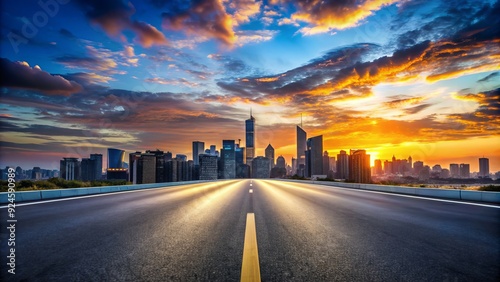 Dramatic cityscape at dusk with open road and vast blue sky, symbolizing limitless possibilities and freedom of choice in urban lifestyle. photo