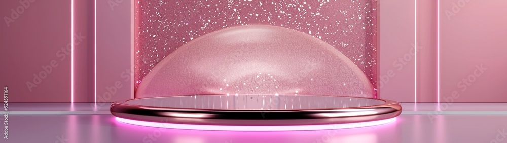 A rose gold podium with a smooth, curved design, featuring embedded LED lighting to highlight the cosmetics displayed. A rose gold podium with a smooth, curved design, featuring embedded LED lighting to highlight the cosmetics displayed.