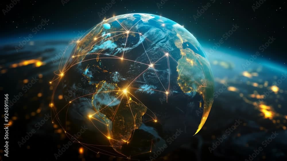 Glowing Planet with Yellow Network Connecting Cities on Black Background, Futuristic Global Communication Concept, Night View, Digital Earth Connecting Metropolises with Light Lines Glowing Planet with Yellow Network Connecting Cities on Black Background, Futuristic Global Communication Concept, Night View, Digital Earth Connecting Metropolises with Light Lines