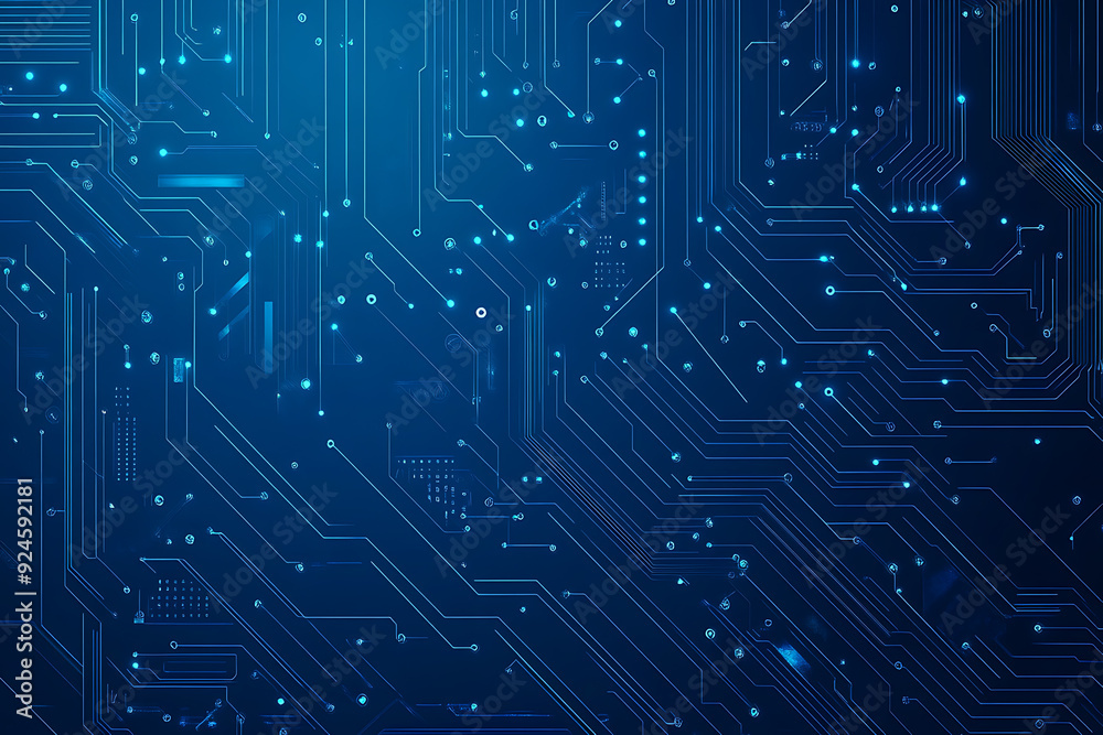 Futuristic vector illustration of a blue circuit board featuring intricate digital patterns and glowing lines, ideal for tech backgrounds.

