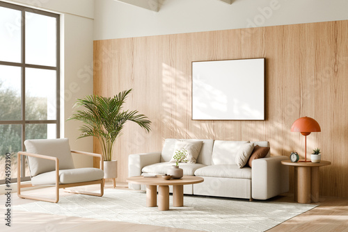 Living room featuring a neutral color scheme with beige sofa, armchair, round coffee table, wooden accents, plant, large window, and minimalistic design. 3d render.