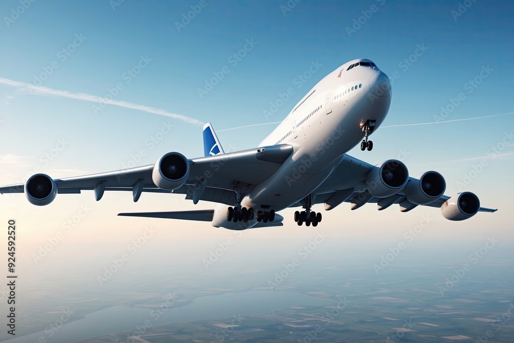 Obraz premium Giant Jumbo Jet Soaring in Clear Sky 3D Aircraft Rendering Adventure