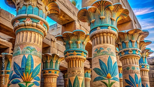 Intricately carved lotus flowers and hieroglyphics adorn the ornate stone columns and vibrant blue tiles of an ancient Egyptian-inspired architectural wonder. photo