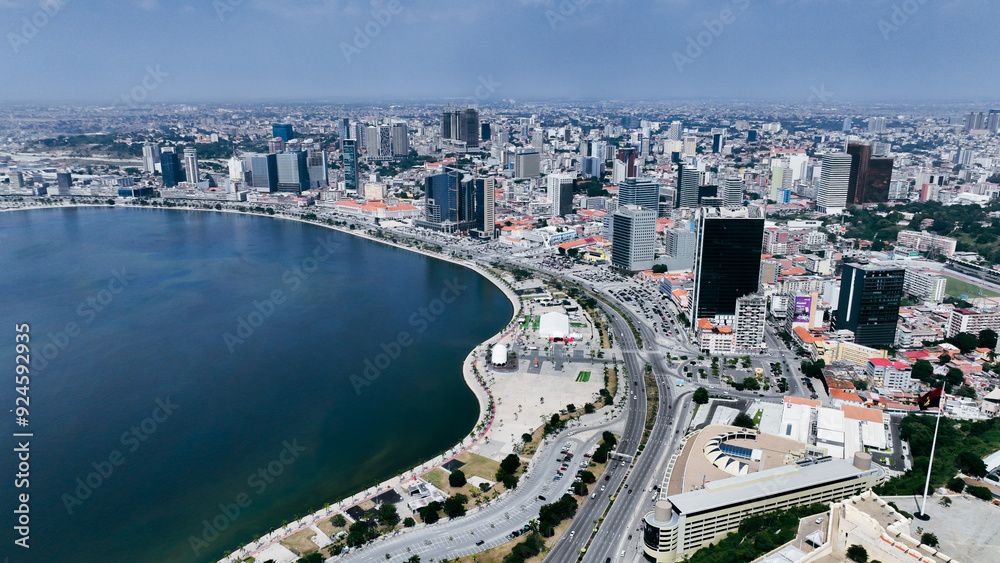 Aerial view of Luanda’s coastline and cityscape, Angola showcases urban development and waterfront activity during the day Aerial view of Luanda’s coastline and cityscape, Angola showcases urban development and waterfront activity during the day