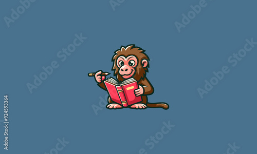 character cartoon baboon writing on book vector mascot design