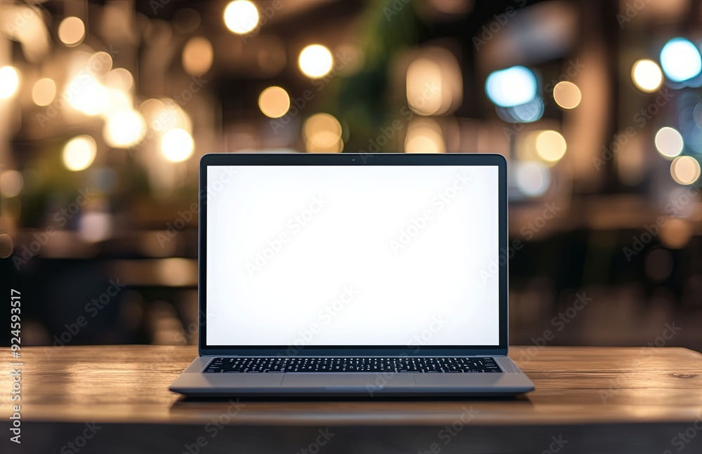 A laptop is open on a wooden table in a restaurant A laptop is open on a wooden table in a restaurant
