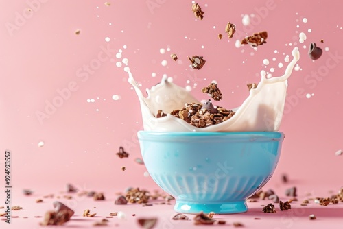 A blue bowl filled with cereal and milk photo