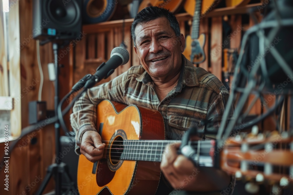 A musician records his guitar performance in a professional recording studio A musician records his guitar performance in a professional recording studio