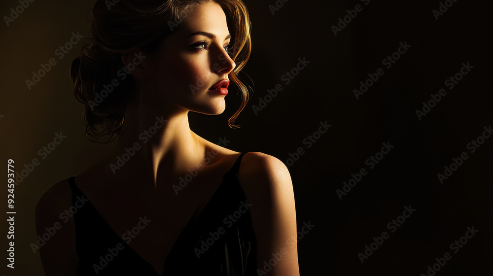 Naklejka premium Elegant woman in a black dress, classic film noir lighting, vintage fashion beauty