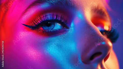 Close-up of a woman's face with vibrant makeup, artistic lighting, high-fashion editorial