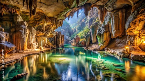 Majestic subterranean landscape featuring a labyrinthine network of crystal-clear rivers, streams, and waterways that weave through ancient rock formations and hidden caverns. photo