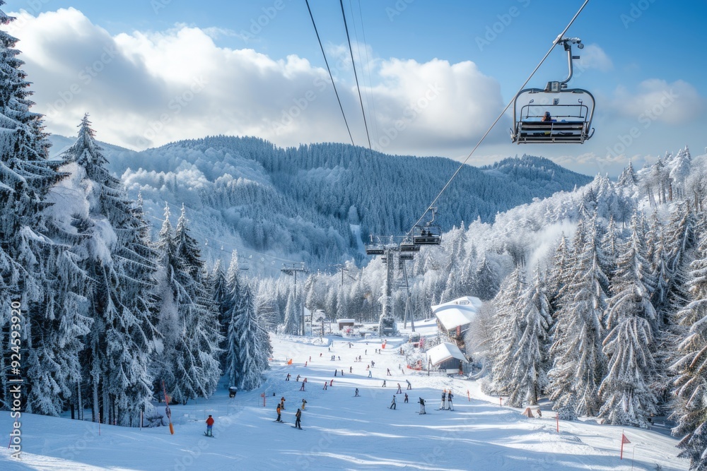 Obraz premium People skiing downhill on a snowy slope, great for winter sports and outdoor activities