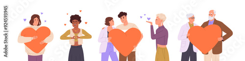 St. Valentine day concept. People love, share romantic feelings, send air kiss. Self acceptance, relationships. Couples hold heart in hands. Flat isolated vector illustrations on white background