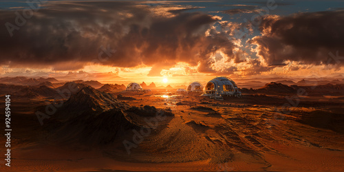 Science base on Mars surface 8K VR, 360 degree space background, equirectangular projection, environment map. HDRI spherical panorama photo