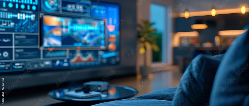 Home automation, advanced systems, modern living space, holographic interface Home automation, advanced systems, modern living space, holographic interface