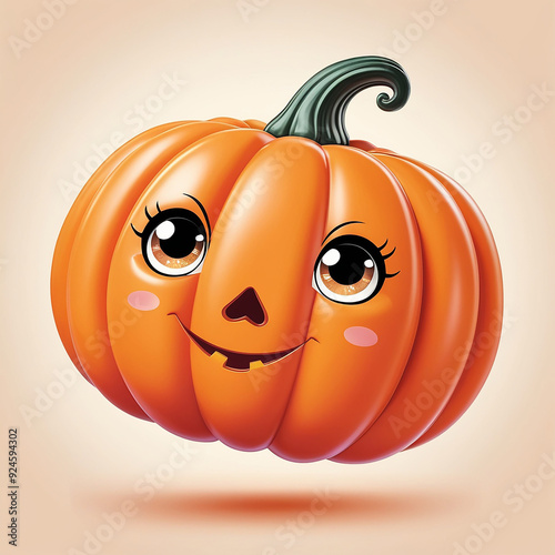 Cute 3D halloween pumpkin illustration with big eyes and blushies photo