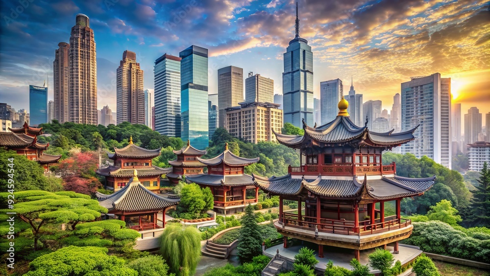 Ancient wisdom meets modern architecture in a stunning cityscape featuring majestic skyscrapers, lush greenery, and intricate traditional Oriental motifs symbolizing harmony and balance. Ancient wisdom meets modern architecture in a stunning cityscape featuring majestic skyscrapers, lush greenery, and intricate traditional Oriental motifs symbolizing harmony and balance.