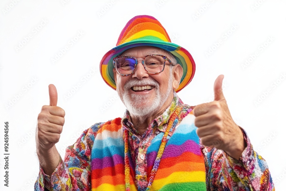 Senior in LGBTQ+ themed outfit smiling and giving thumbs up isolated on white background exuding joy and positivity Senior in LGBTQ+ themed outfit smiling and giving thumbs up isolated on white background exuding joy and positivity