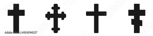 Christian crosses icon set in black silhouette isolated on white background. Catholic, orthodox, protestantism crosses. Religious symbols concept.  Church, the Bible decoration elements. Vector