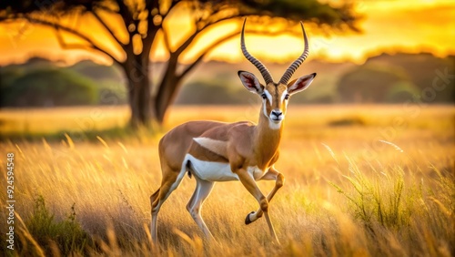 Majestic gazelle with large brown eyes and white stripes on forehead, running freely in a sun-kissed savannah with acacia trees in the background.