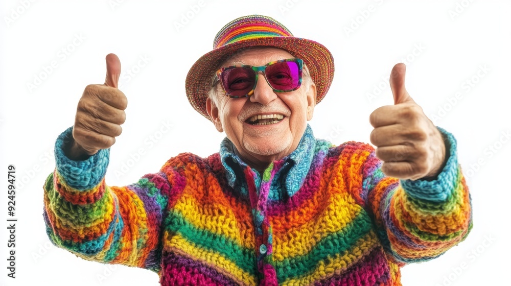 Senior citizen in vibrant LGBTQ+ clothing giving thumbs up with a happy expression on isolated white background reflecting joy