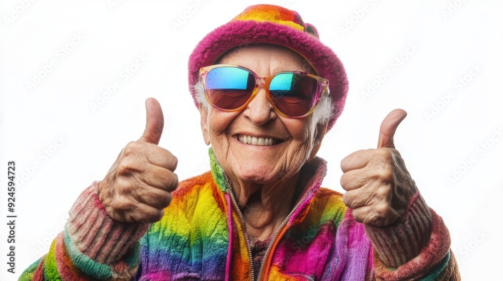 Senior citizen in vibrant LGBTQ+ clothing giving thumbs up with a happy expression on isolated white background reflecting joy Senior citizen in vibrant LGBTQ+ clothing giving thumbs up with a happy expression on isolated white background reflecting joy