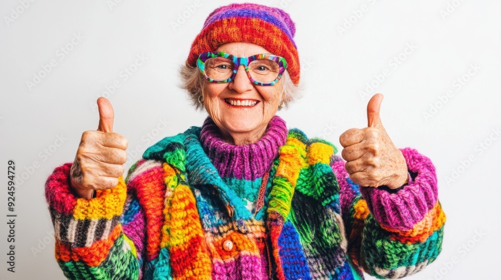 Senior citizen in vibrant LGBTQ+ clothing giving thumbs up with a happy expression on isolated white background reflecting joy Senior citizen in vibrant LGBTQ+ clothing giving thumbs up with a happy expression on isolated white background reflecting joy