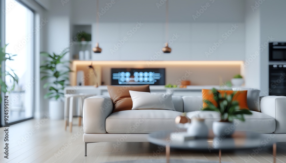 Smart home technology, advanced automation, modern living space, holographic interface Smart home technology, advanced automation, modern living space, holographic interface