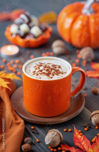 Cozy Autumn Coffee With Pumpkin Decor and Treats on a Wooden Table