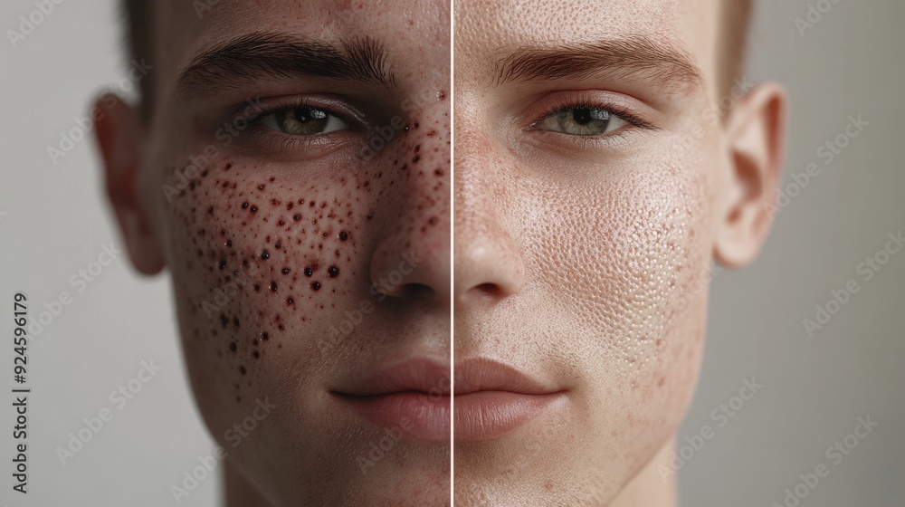 This artwork features a man's face showcasing two distinct textures ...