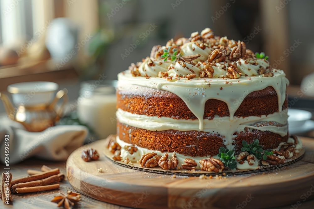 Naklejka premium A deliciously decorated cake topped with cream and nuts, perfect for celebrations.
