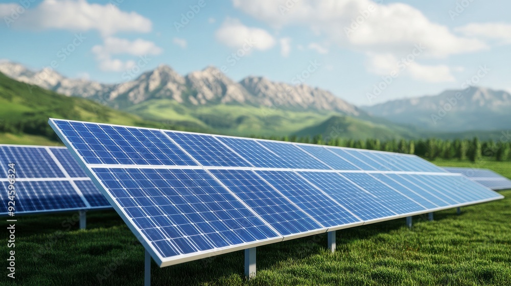 Solar panels in a field against a backdrop of mountains. A clear, sunny day with blue skies and fluffy clouds. Green grass and trees surround the panels. Solar panels in a field against a backdrop of mountains. A clear, sunny day with blue skies and fluffy clouds. Green grass and trees surround the panels.