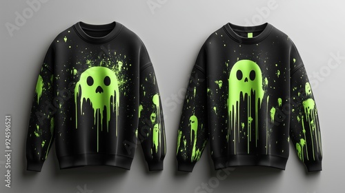 Black sweatshirt with neon green Halloween ghost themed prints. Black sweater with neon green Halloween ghost themed prints   photo