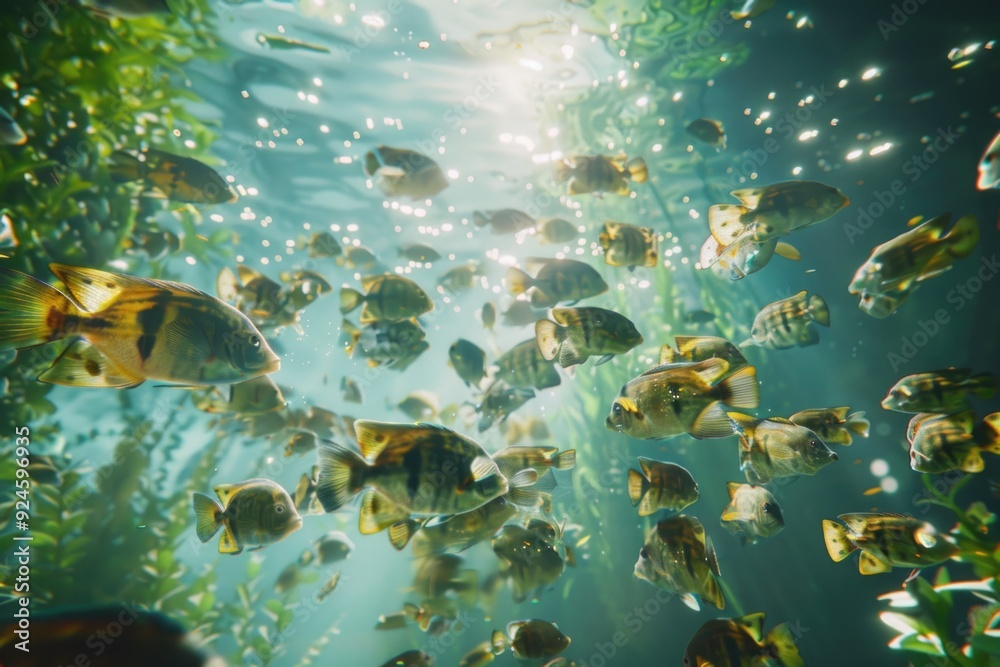 Fototapeta premium A group of colorful fish swim together in a large aquarium