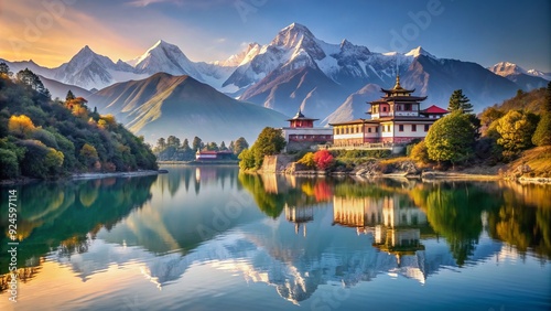 Serenity descends upon the Himalayan mountains as a tranquil lakeside monastery reflects the majestic snow-capped peaks, epitomizing peaceful coexistence and spiritual harmony.