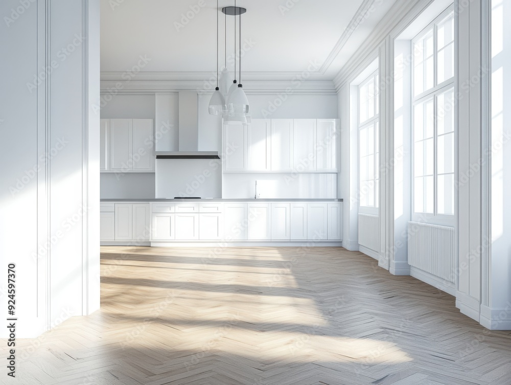 Fototapeta premium A large, empty kitchen with white cabinets and a wood floor