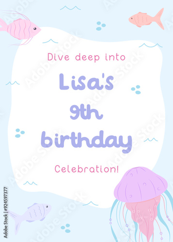Children's ninth birthday under-the-sea card. Cute marine life invitation in flat style with fish and jellyfish in light colors.