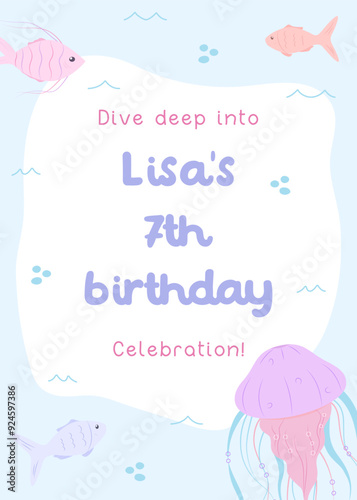 Cute marine creatures seventh birthday invitation. Underwater-themed party card with jellyfish, fish, and bubbles in a playful style.