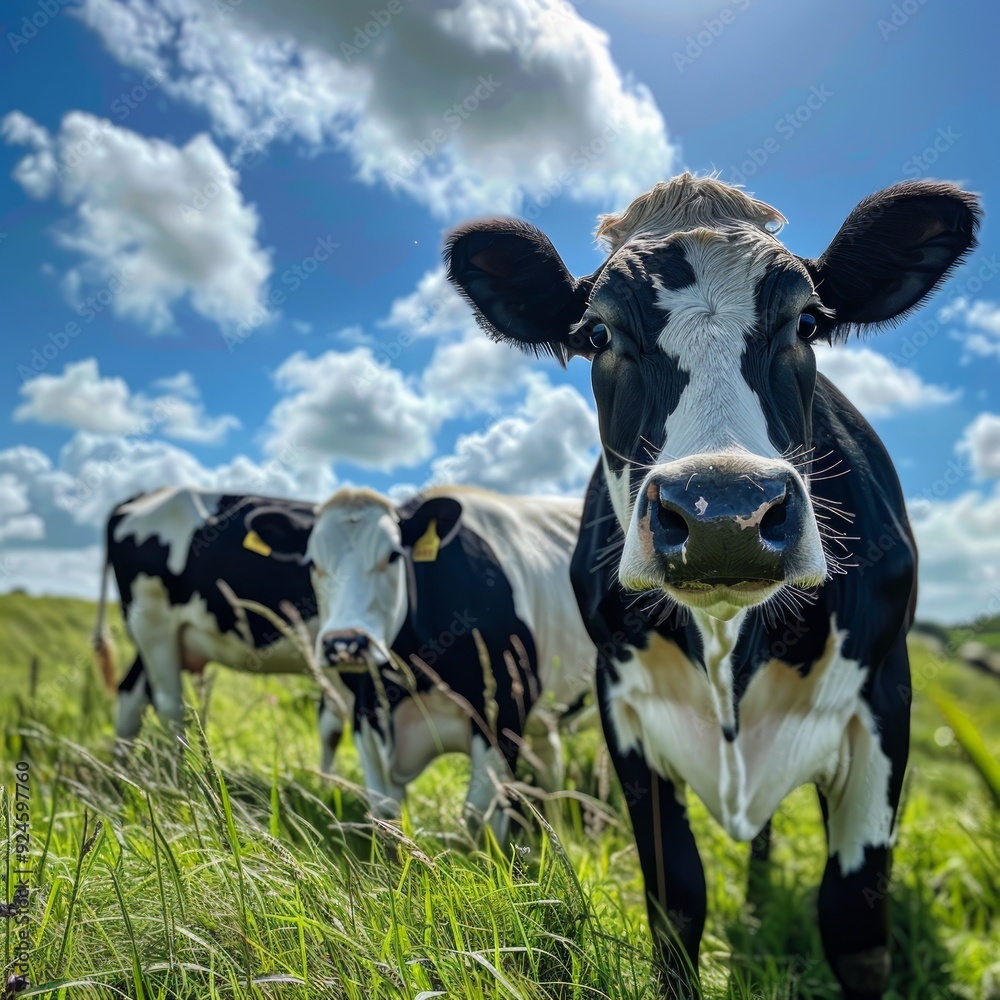 Black and white cows in a grassy field on a bright and sunny day in The Netherlands Black and white cows in a grassy field on a bright and sunny day in The Netherlands