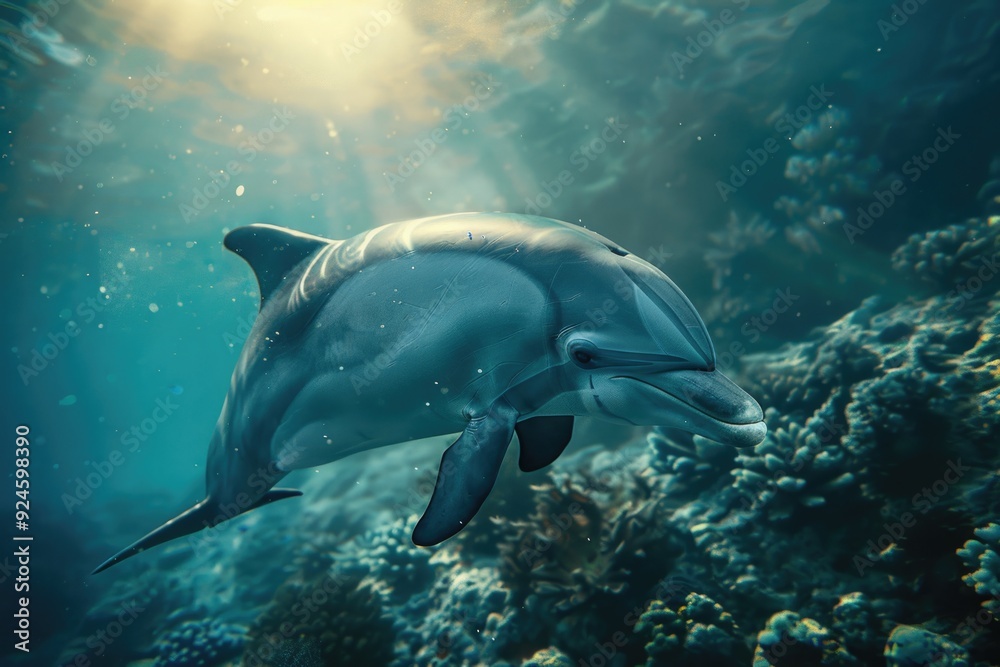 Fototapeta premium A dolphin swimming in the water near a coral reef, great for ocean or underwater scenes