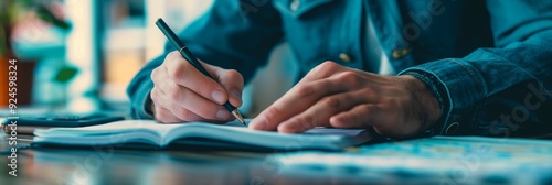 A person, clad in casual attire, writes in a notebook on a tabletop, featuring pages filled with notes and the intensity of focused learning. photo