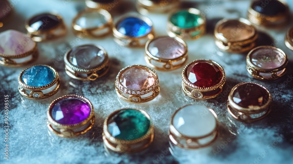 A collection of gemstone rings arranged in a circular pattern, emphasizing their vibrant colors. A collection of gemstone rings arranged in a circular pattern, emphasizing their vibrant colors.