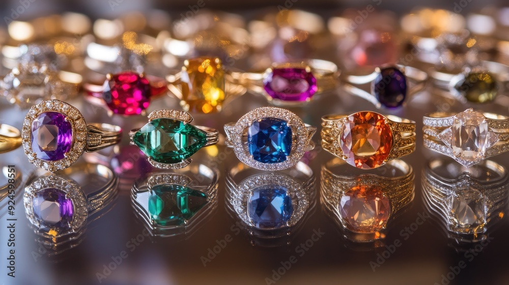 A collection of gemstone rings arranged neatly on a mirrored surface, emphasizing their vibrant colors. A collection of gemstone rings arranged neatly on a mirrored surface, emphasizing their vibrant colors.